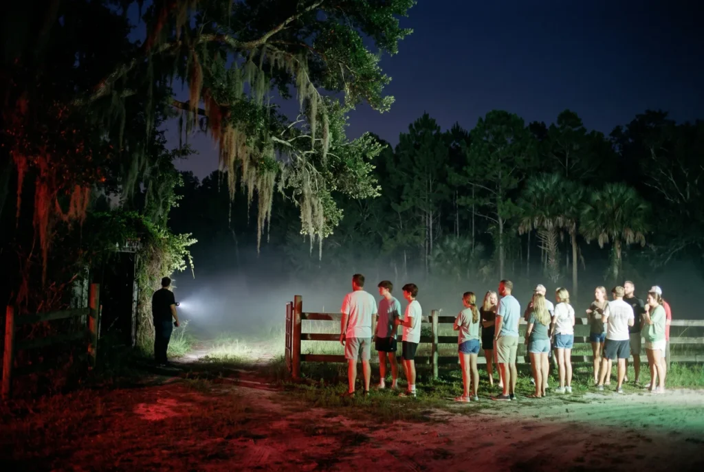 Visitors waiting in line at night at the edge of a haunted trail through Florida pines and palmettos, fog and red light spilling from the path ahead