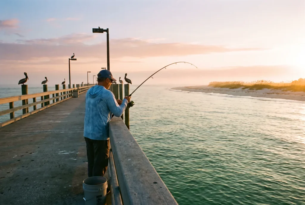 An angler at the rail of a long concrete fishing pier over green Gulf water at sunrise, rod bent, pelicans on the pilings